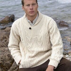 Aran Crafts Merino Wool Shawl Collr Cable Knit Sweater